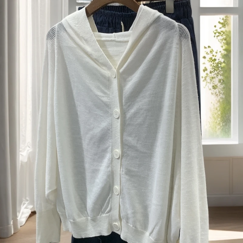 1628 祺欣家 法式连帽慵懒简约风宽松薄款防晒透气针织开衫