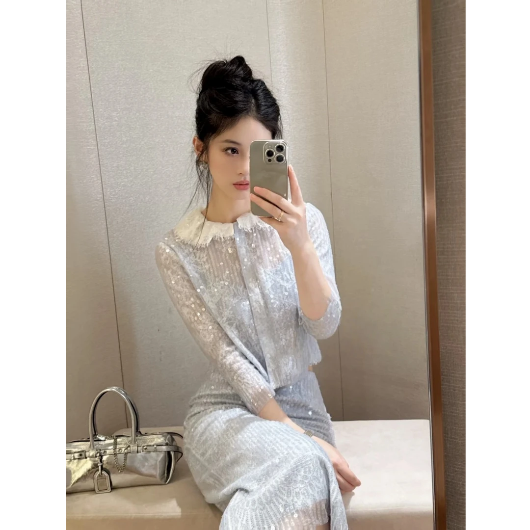 御姐轻熟风穿搭套装女2025早秋新款长袖衬衫上衣亮片蕾丝两件套裙