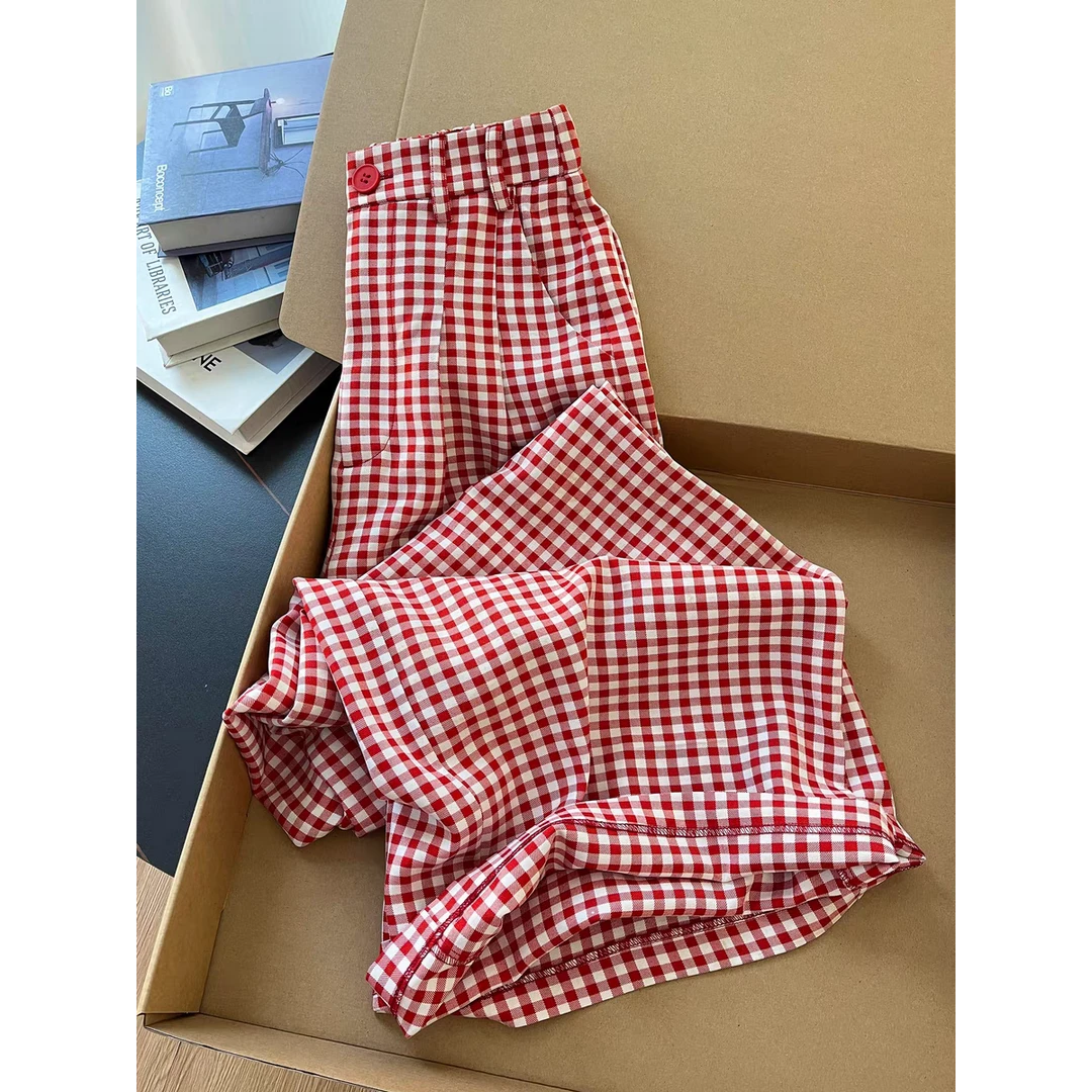 眼前一亮！复古显白红色格子阔腿裤女2025设计感小众压褶休闲长裤