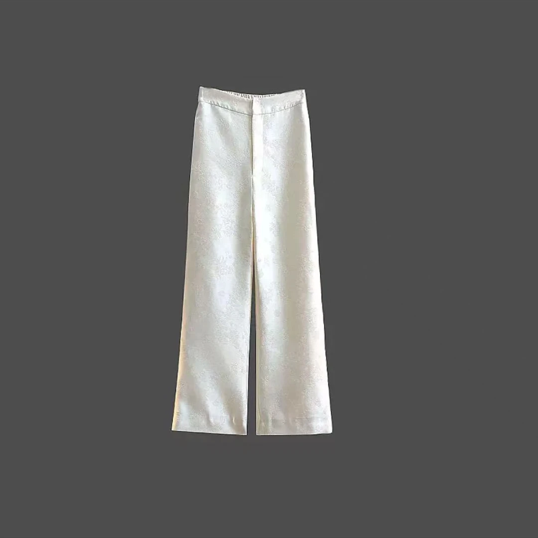 简约夏季通勤褶皱高腰中腰休闲裤时尚提花休闲西装