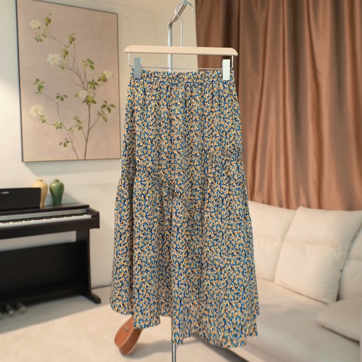 G511 不规则下摆长款松紧高腰碎花半身裙女 7C84