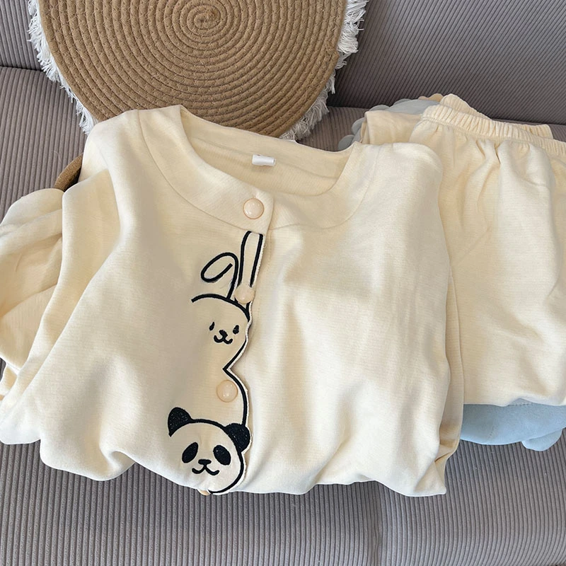 德绒睡衣女秋冬季加厚保暖磨毛日系可爱小兔刺绣少女可外穿家居服