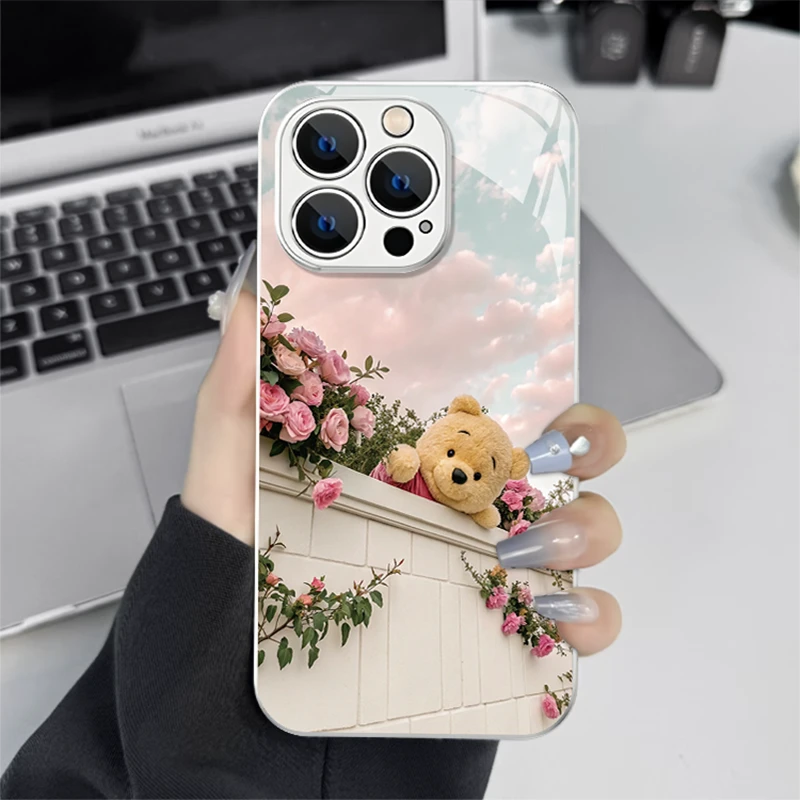 玫瑰维尼熊手机壳适用苹果17/16/15/14/13/12/11玻璃全包男女款