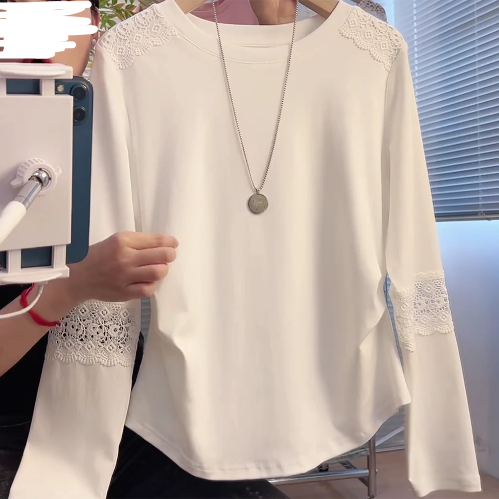 2025年秋季新款温柔风白色蕾丝镂空拼接长袖T恤上衣C6365