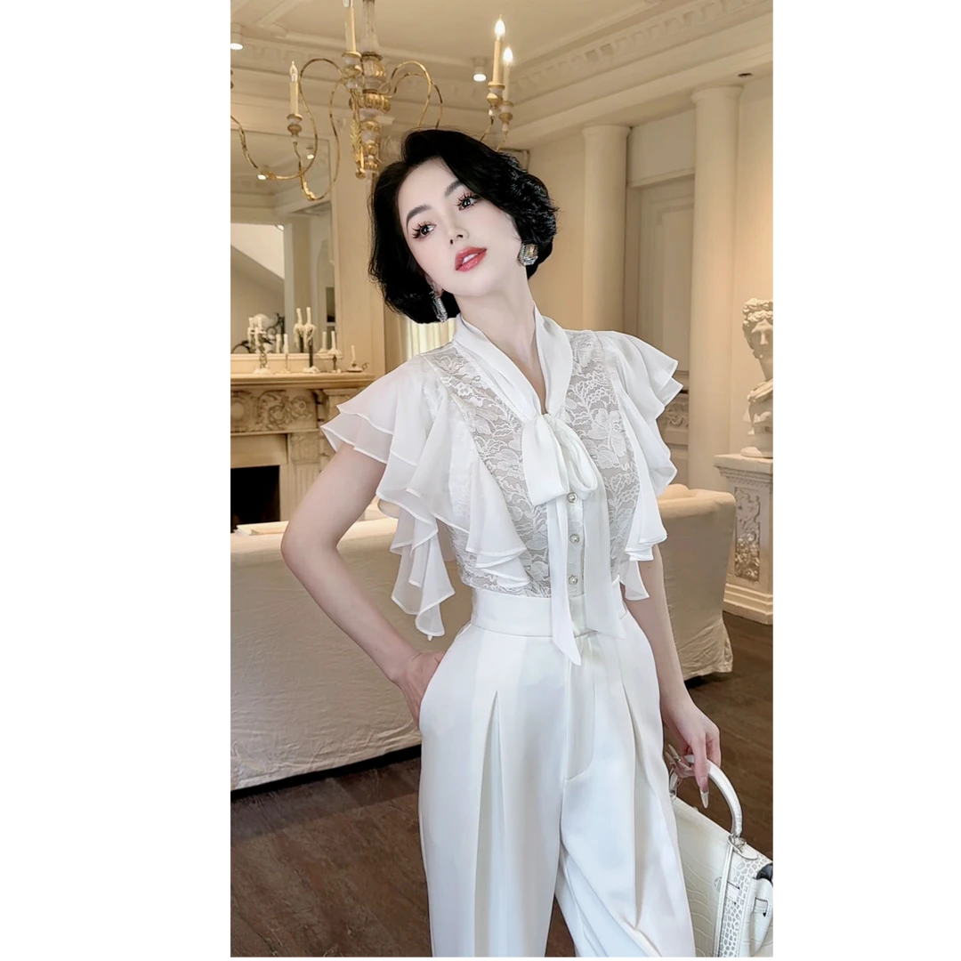 LYXJ【媚碟白蕾丝】高级小众设计蕾丝荷叶边上衣衬衫蕾丝+雪纺12094
