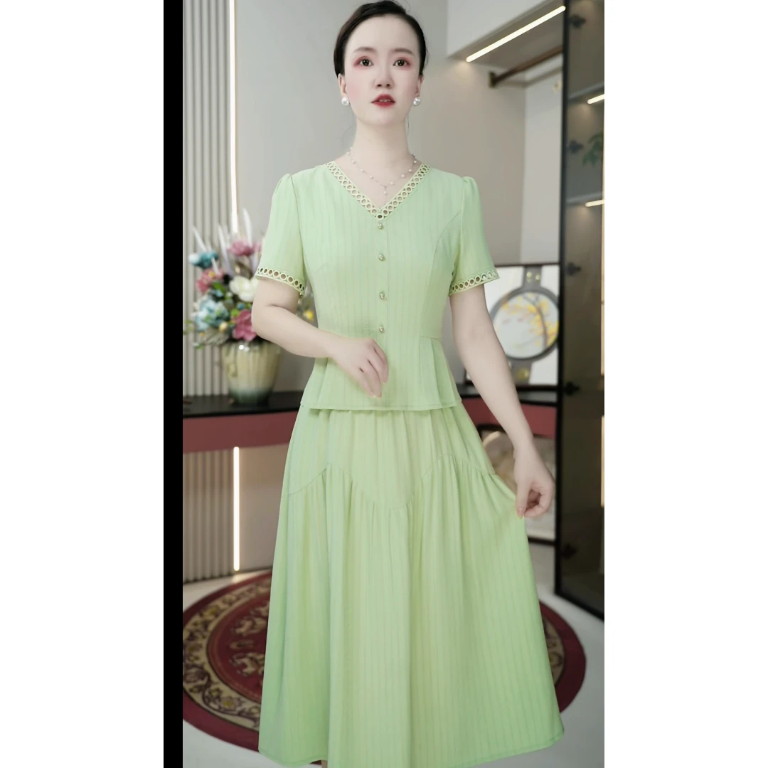 2538夏新款显瘦短袖假两件时尚洋气减龄遮肉修身气质中长款A字裙