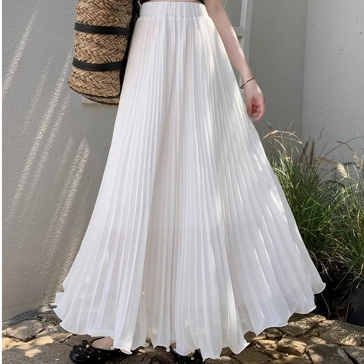 白色雪纺半身裙女夏季松紧腰垂感高腰显瘦大摆百褶裙长款a字长裙