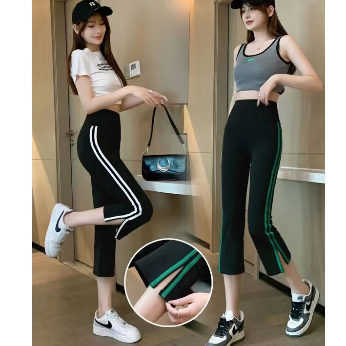 夏季新款八分裤外穿薄款高腰弹力条纹开叉微喇时尚休闲显瘦烟管裤