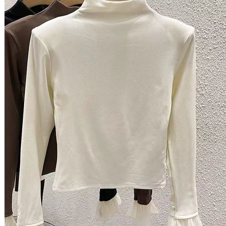 0016 内搭打底衫女秋冬长袖T恤设计感小众修身喇叭袖荷叶边上衣