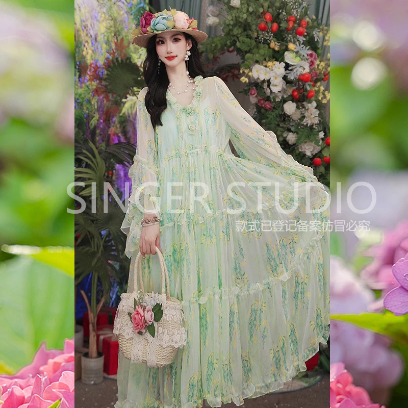 {翡翠绿}25夏季新款防晒设计师桑蚕丝宽松时尚女装连衣裙251D753