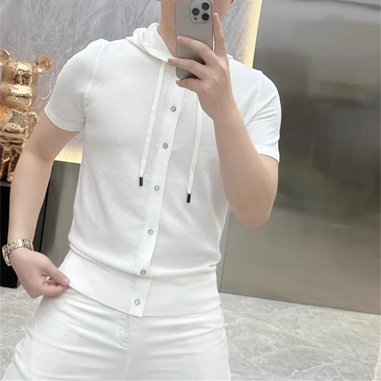 奈纽彼皮夏季新款针织衫短袖T恤男时尚修身弹力透气连帽短袖开衫