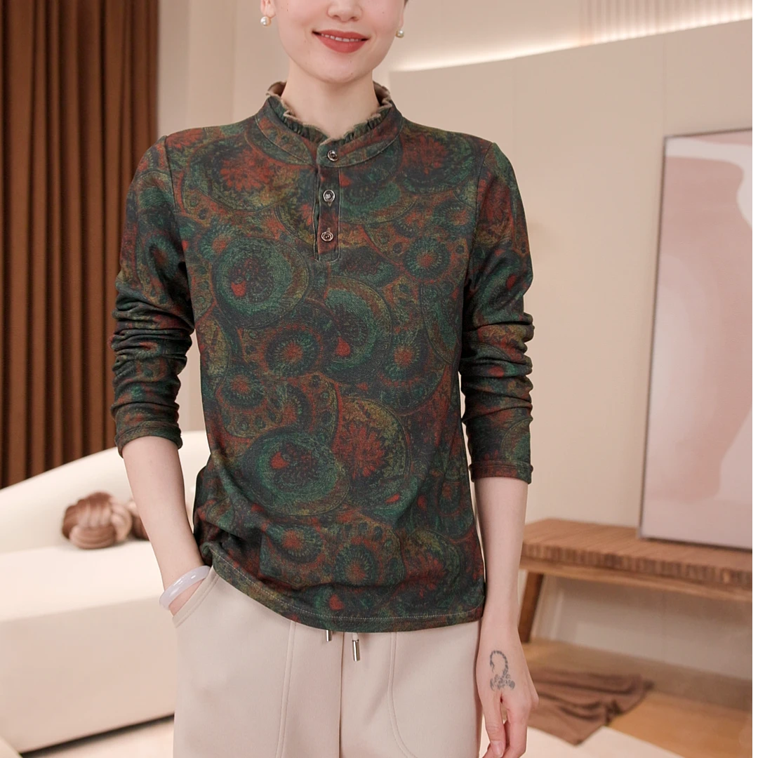 双面德绒印花半高领小衫离子发热德绒保暖长袖打底6666