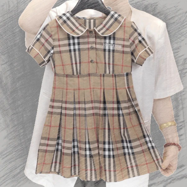 88378夏季格子女童中大童轻奢学院风娃娃领收腰时尚百褶连衣裙