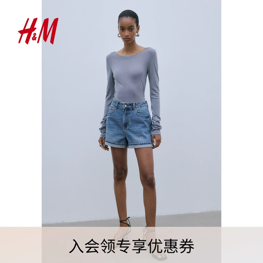 HM女装牛仔裤夏新款时尚翻折边休闲时尚百搭直筒短裤1222120