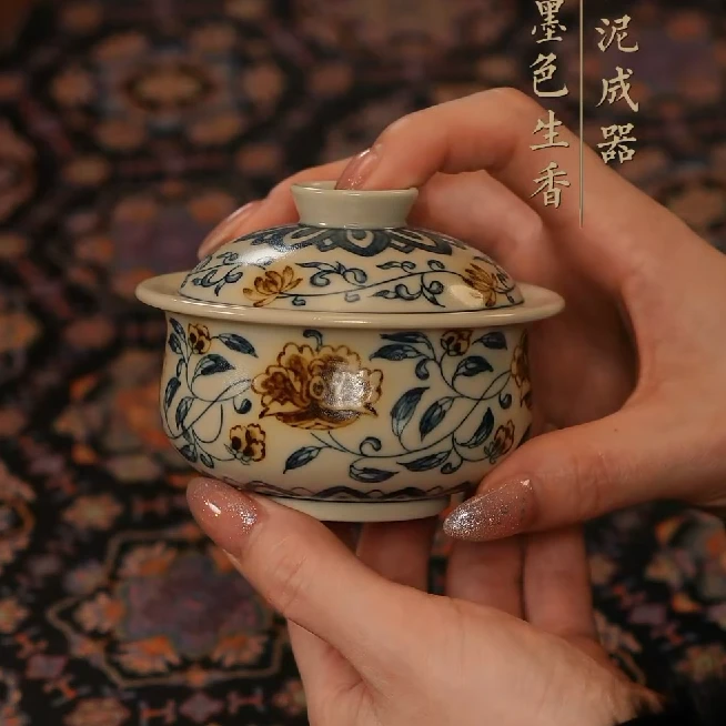 雨溪山房/釉里金山茶莲花盖碗