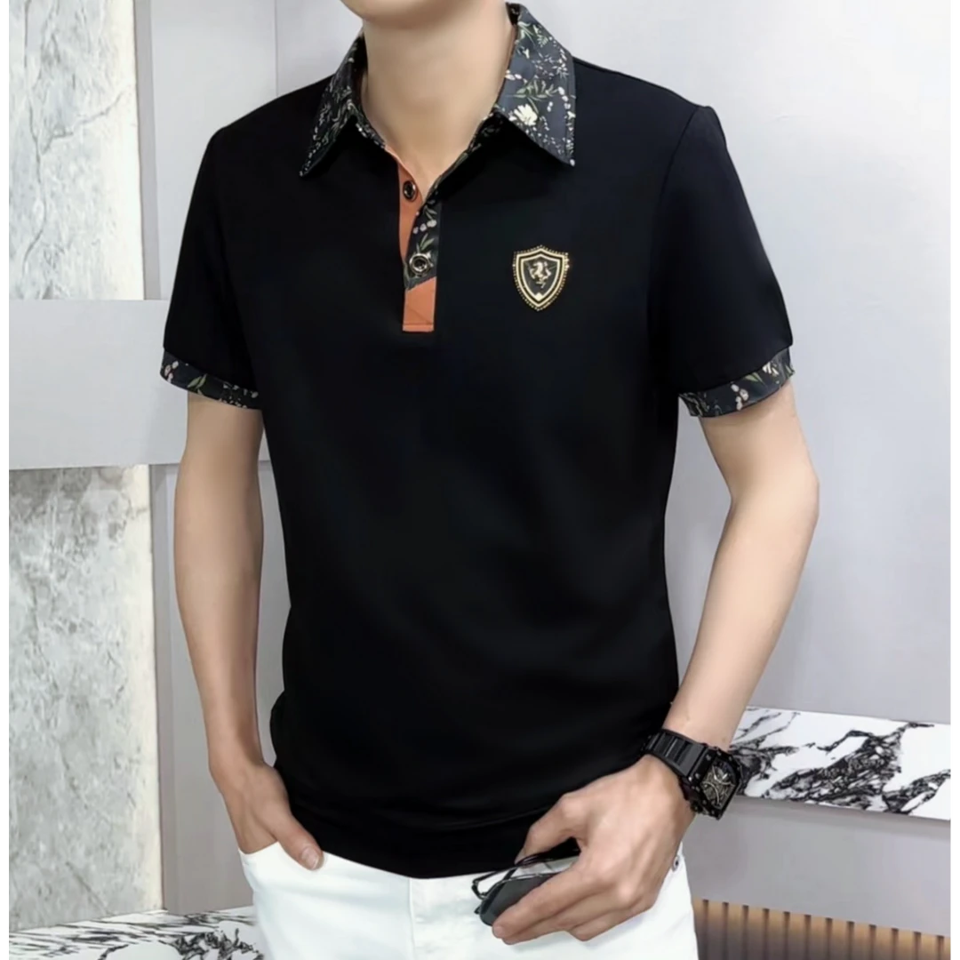 夏季男士时尚翻领半袖轻奢休闲百搭高品质潮流帅气修身短袖翻领