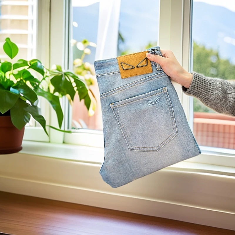 【KC专属】2025新春轻奢云雾蓝牛仔裤高端男弹力修身小直筒男装欧货