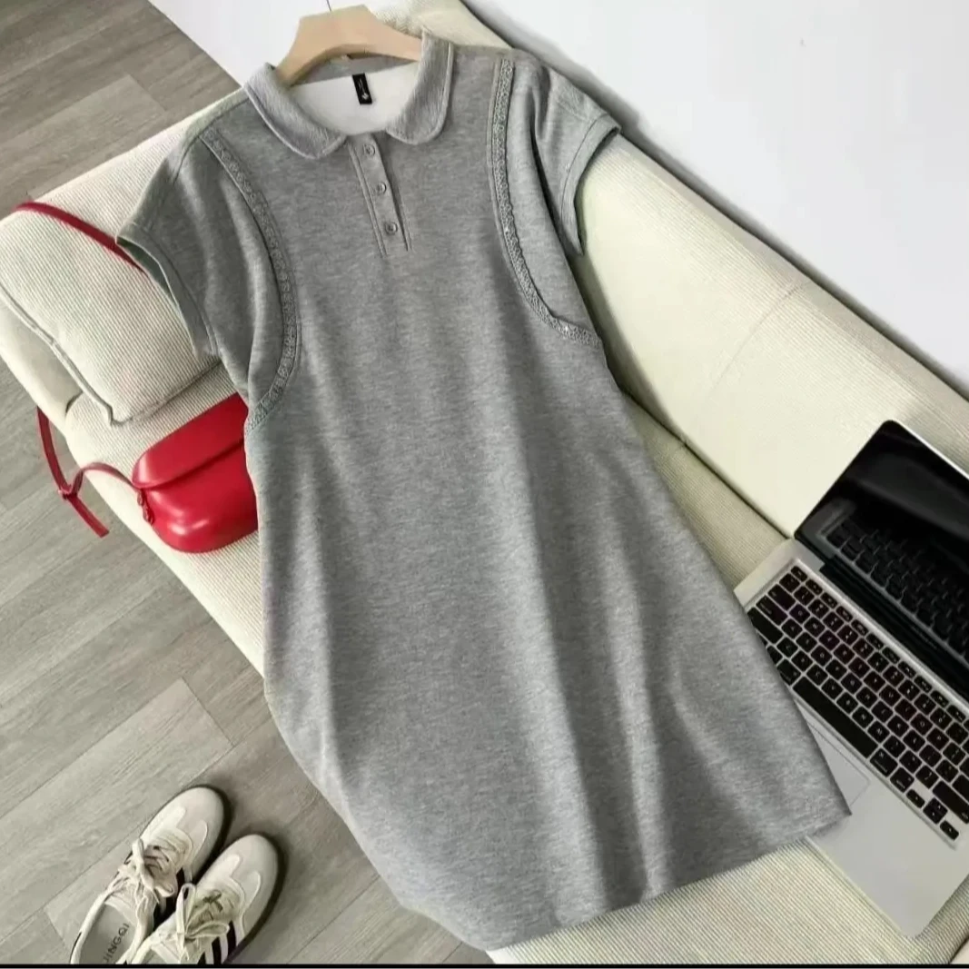 1046时尚洋气娃娃领短袖连衣裙夏季新款纯色百搭休闲设