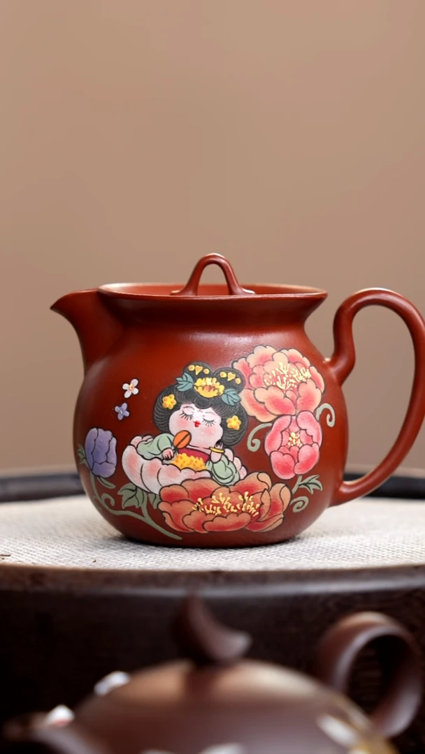 茶壶紫砂朱泥蜜罐泥绘唐美人牡丹