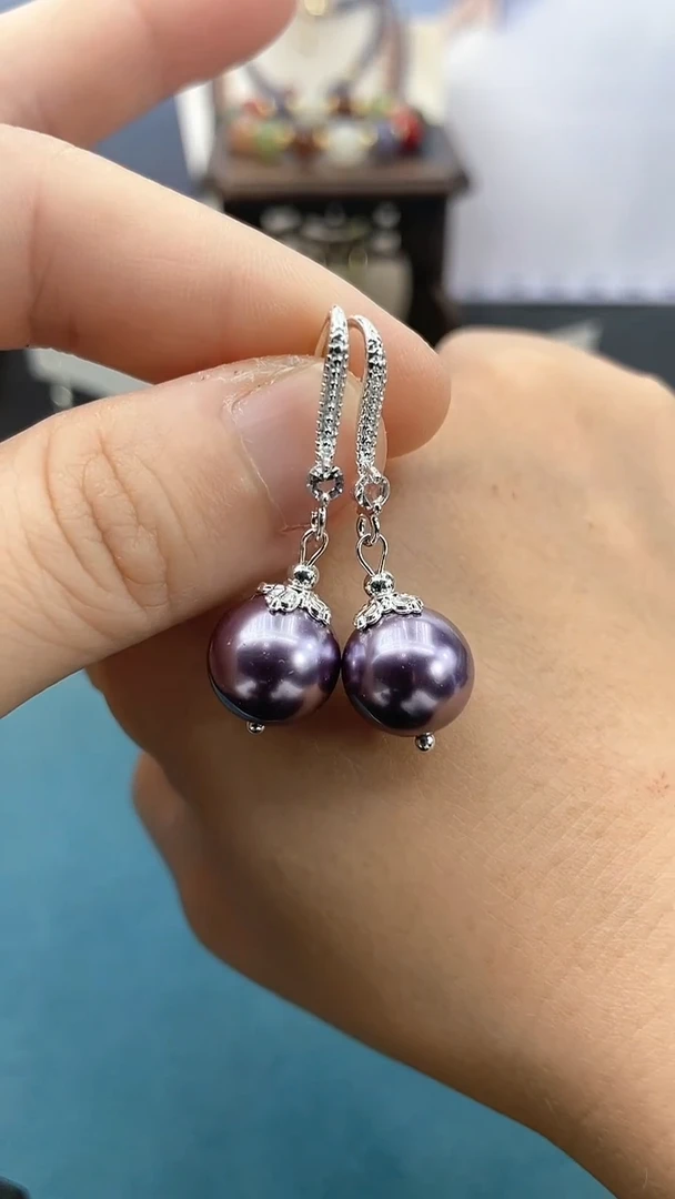耳饰银S925镶嵌拼合珍珠（马贝珠） 12mm淡紫贝珠*ZZ