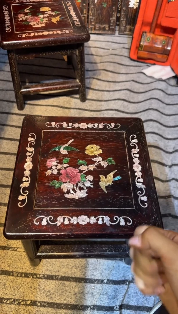 木紫檀富贵凳镶嵌彩贝花鸟花鸟