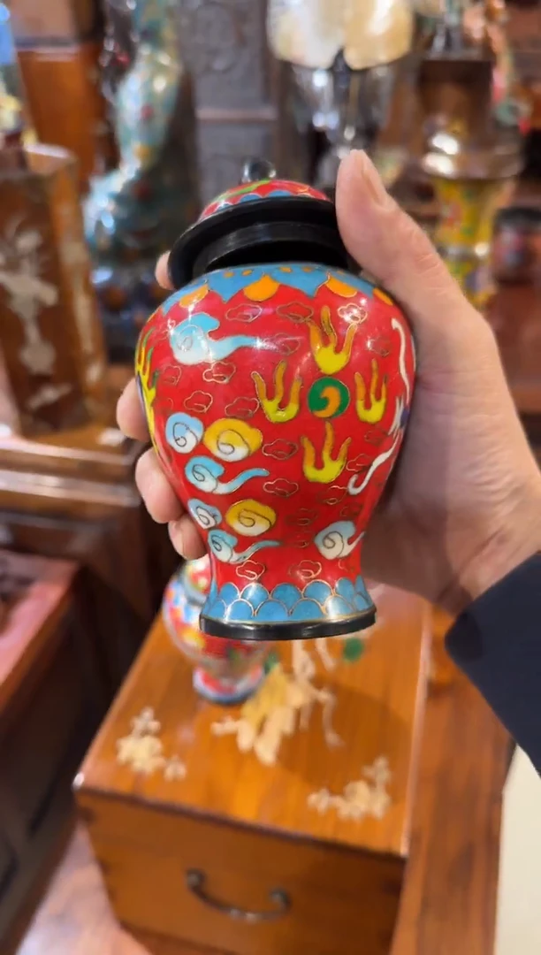 木木头款景泰蓝红将军罐一对600