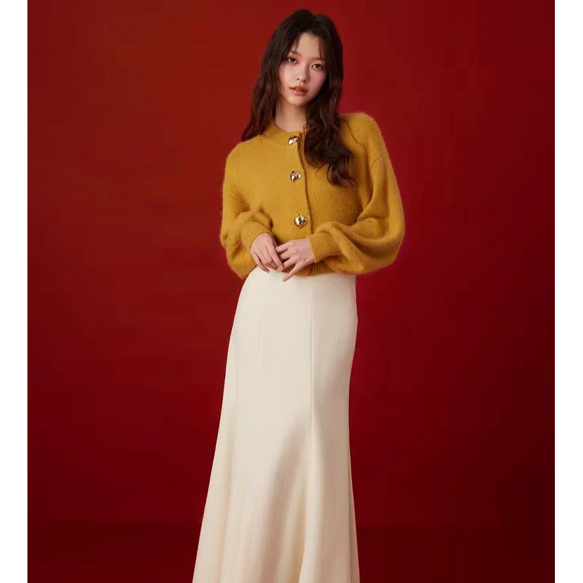 SNIDEL2024秋冬新品圆领慵懒风灯笼袖针织毛衣开衫上衣SWNT245083