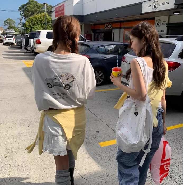 韩国东大门the barnn*t八奶家减龄宽松汽车花朵涂鸦短袖T恤8005-T