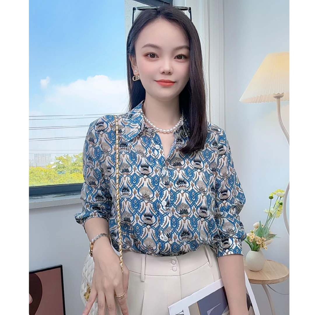 【灿灿】真丝桑蚕丝长袖衬衫女春秋2025新款印花 法式单排多扣衬衣