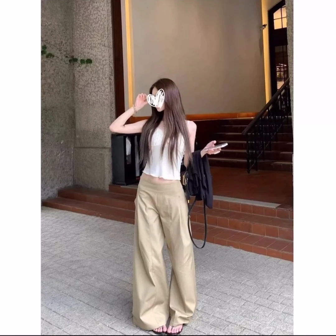 慵懒风裤子设计感卡其色休闲裤女夏季高腰显瘦宽松阔腿裤拖地长裤