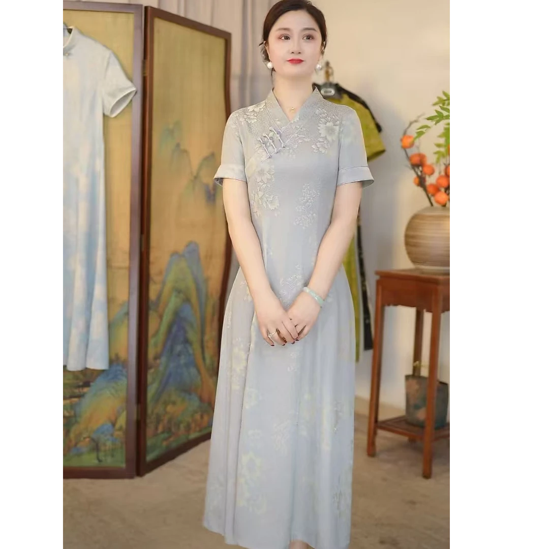 瓷萱【马蹄莲】夏季改良旗袍新V领中式复古国风汉服领长款旗袍裙