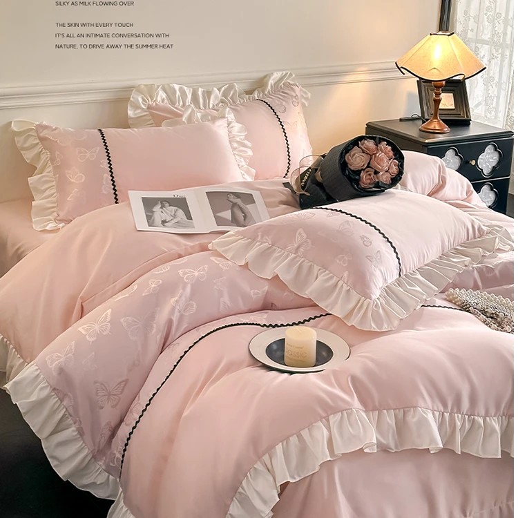 （升级版）重工艺.公主风贡缎四件套 贵族用花边被罩 丝滑凉感床品