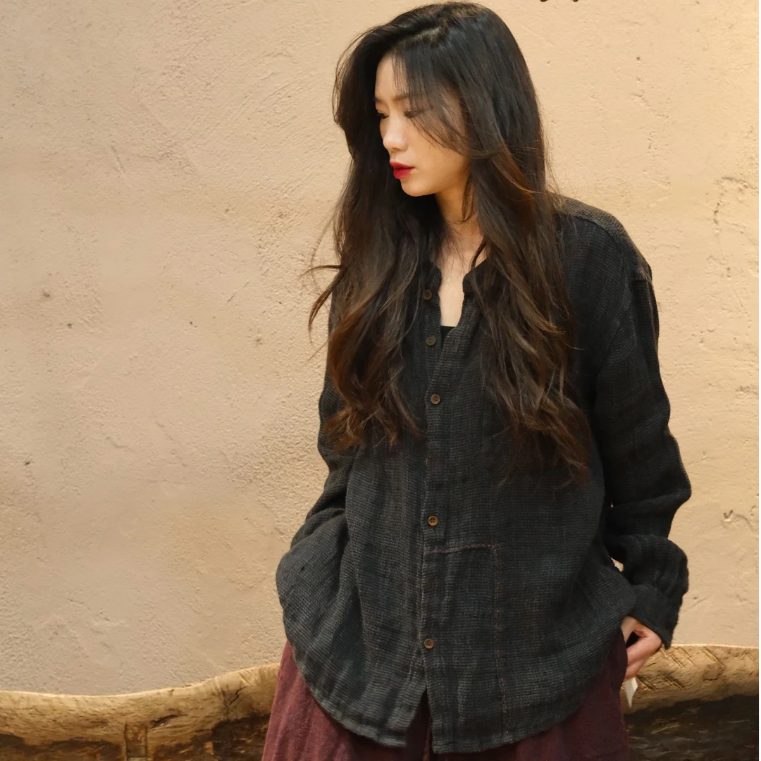 241130衣牧了然春季色织粗麻手工宽松衬衫复古休闲长袖女士衬衣