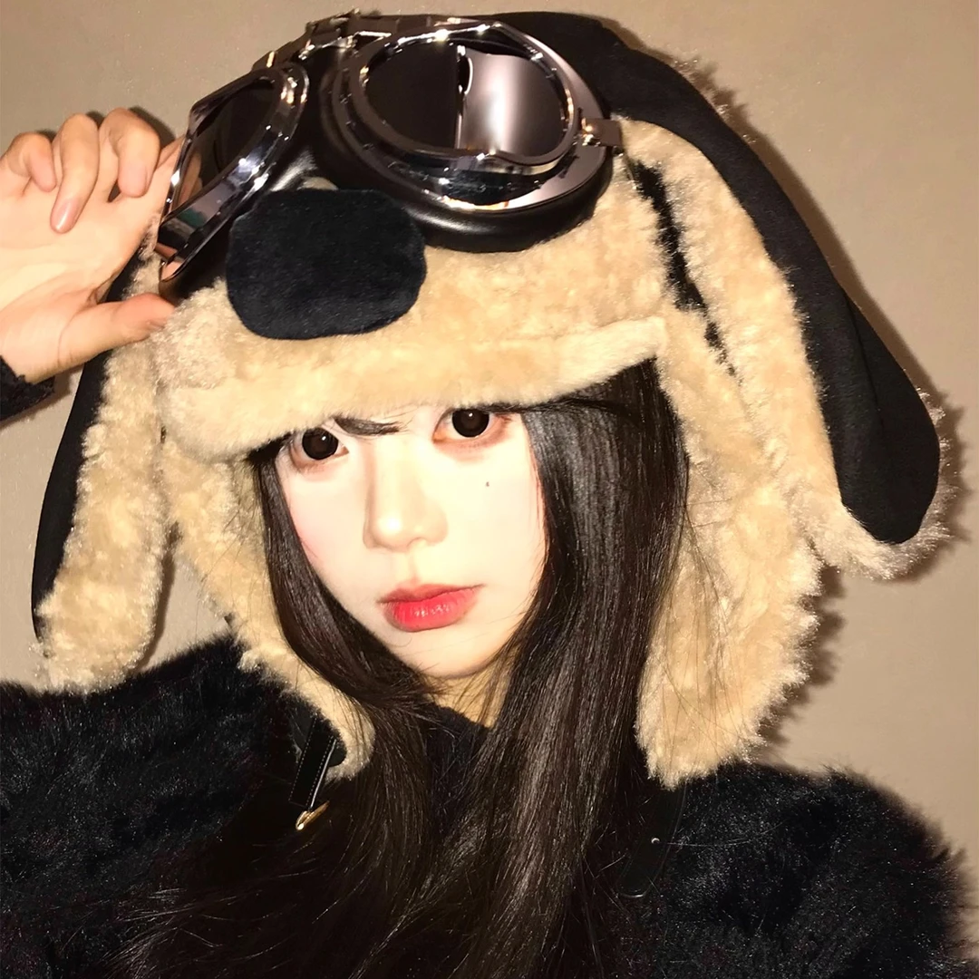 可爱小狗耳朵眼镜飞行帽子女秋冬洋气加绒加厚毛绒帽保暖雷锋帽子