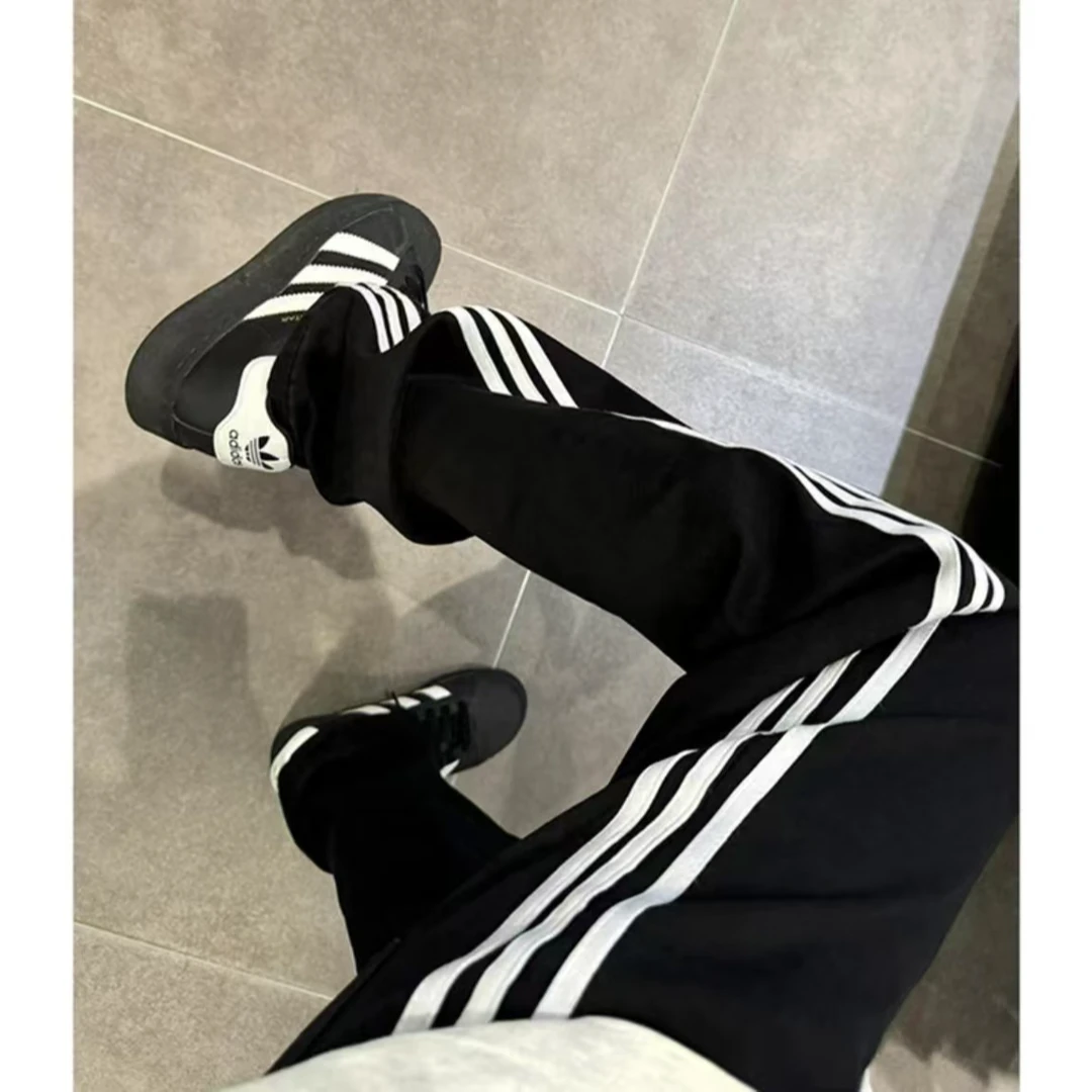 三条杠条纹裤子男士夏季薄款百搭美式复古潮牌直筒休闲裤运动卫裤