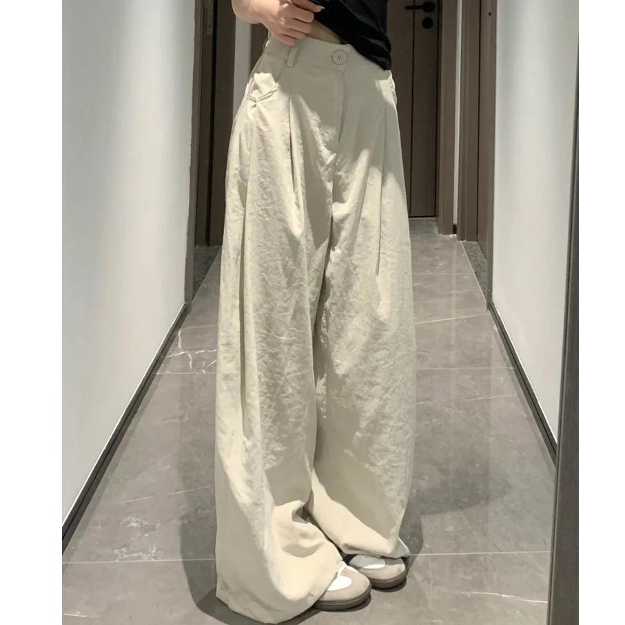 白色日系西装裤女2025新款春夏季高腰加长休闲奶芙冰丝阔腿裤