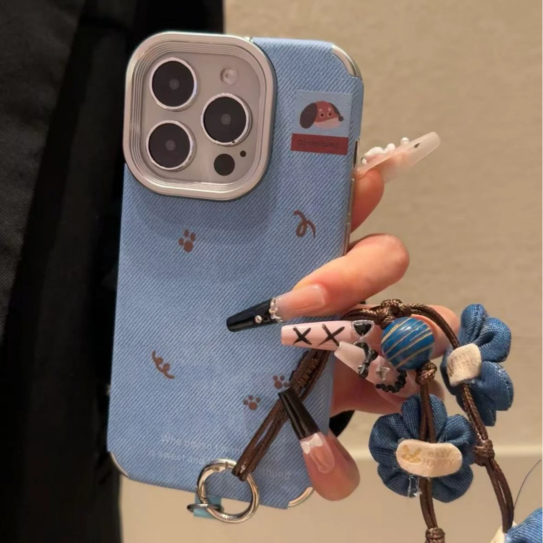 小狗头像牛仔纹适用苹果17Promax/17pro手机壳带手绳16新款15防摔