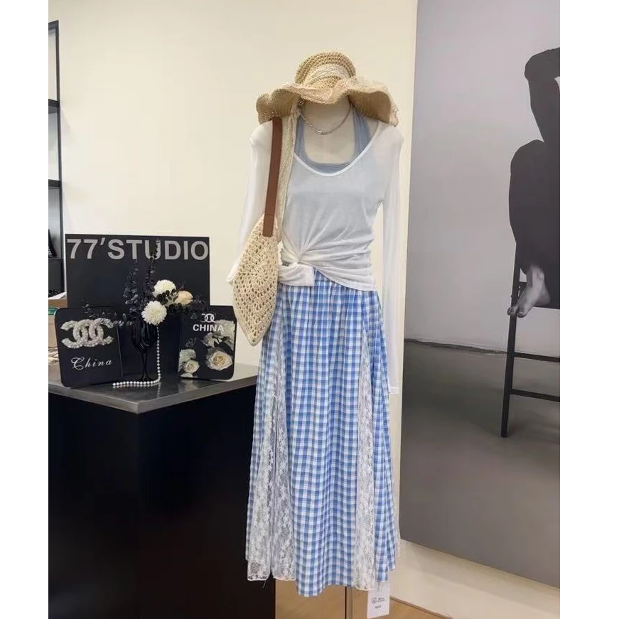 【星夜漫舞】温柔风小众别致长袖T恤+蕾丝拼接格子半身裙套装-96502