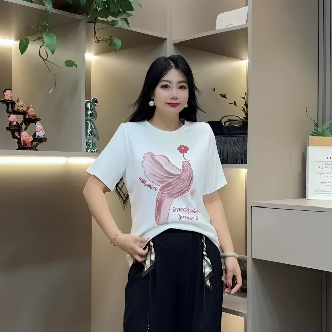 秋季半袖-丫 6101秋季大码宽松显瘦圆领休闲设计感减龄百搭半袖