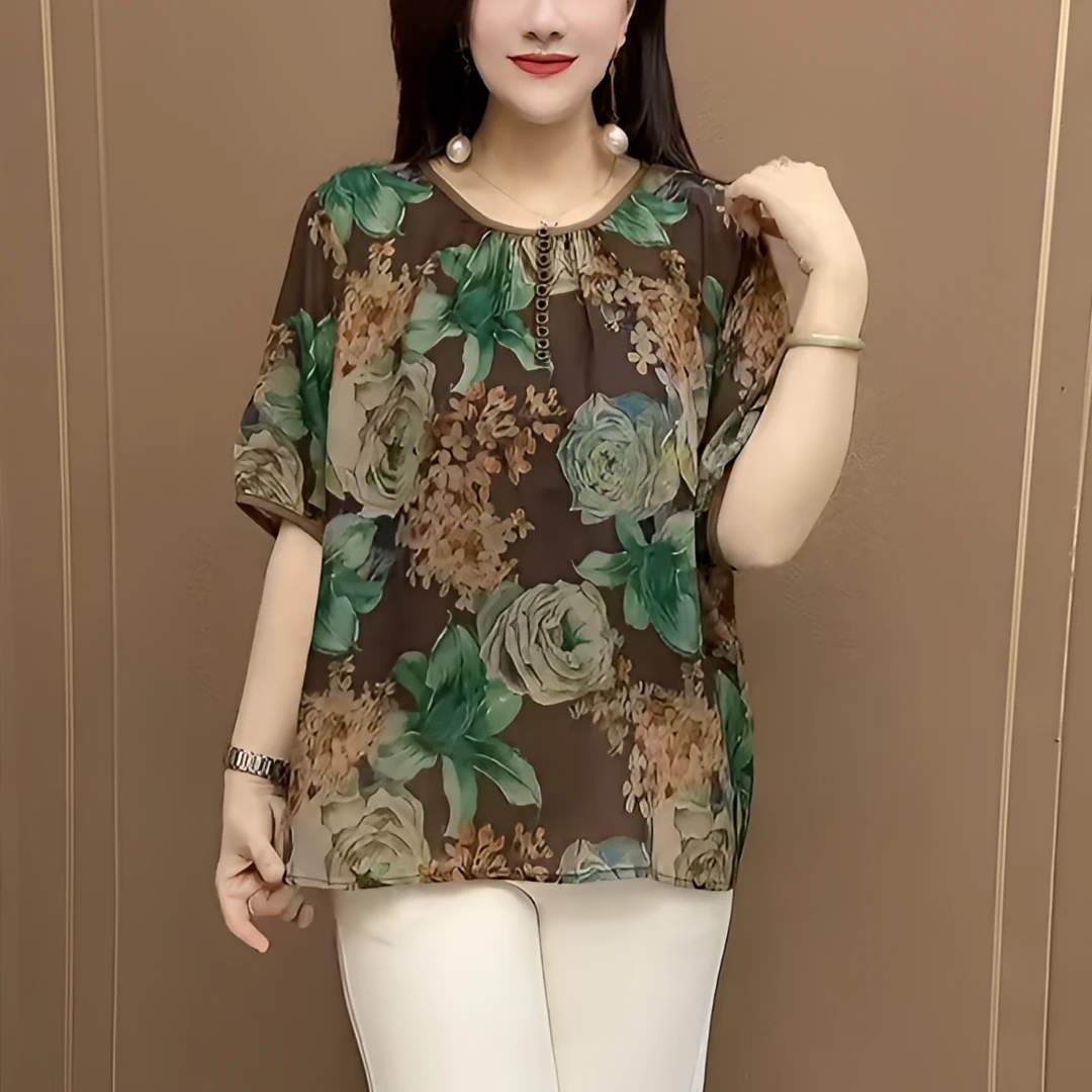 夏款大码雪纺衫2025新款百搭圆领短袖防晒女装宽松时尚印花妈妈装