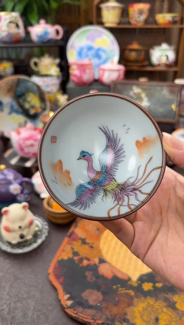 苏记月白汝窑手绘碗口杯