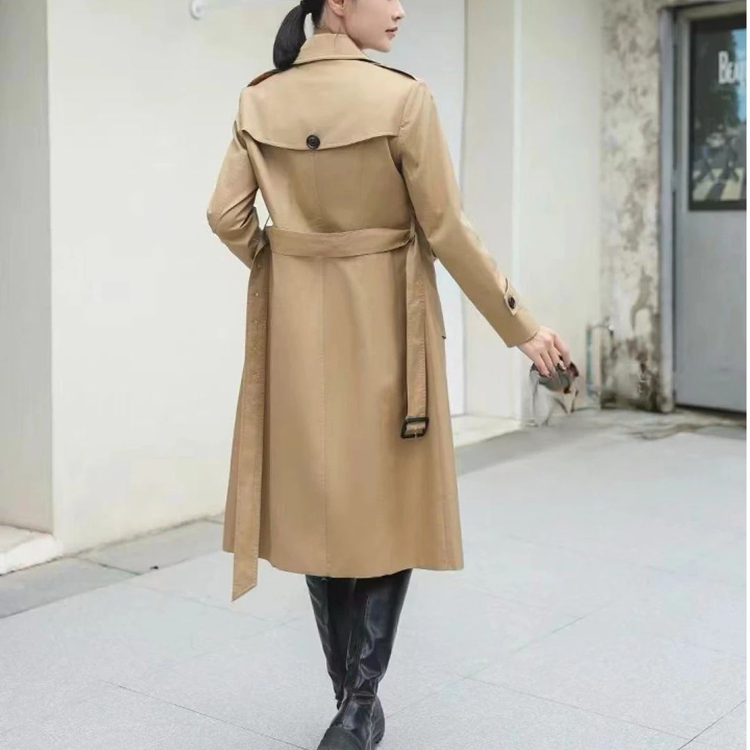 （中长风衣）2025春秋新款经典时尚格子领纯色百搭风衣女士