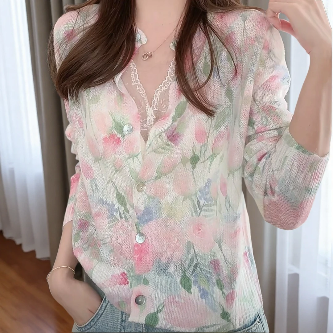 洋气温柔减龄显白碎花毛衣女2025春夏新款时尚设计感长袖针织开衫