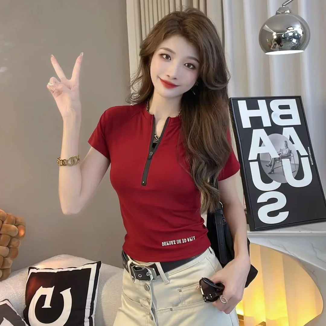 欧货小众半拉链修身字母短袖t恤女2025夏季洋气百搭显瘦短款上衣