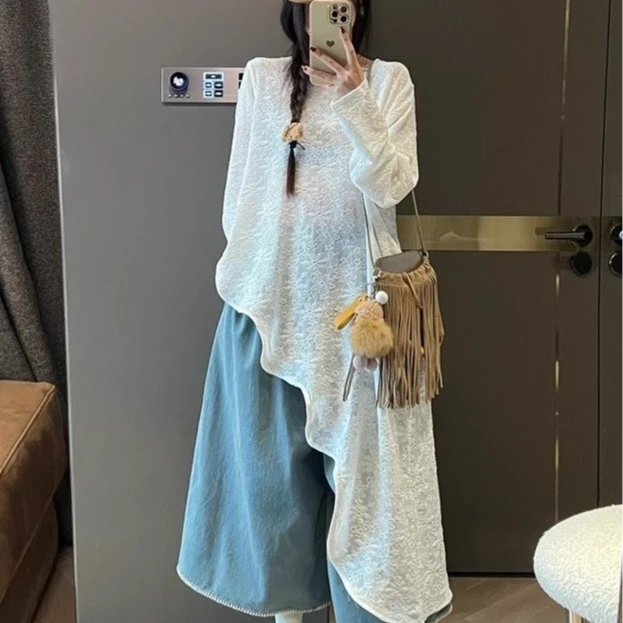 设计感不规则长款雪纺罩衫女2025夏季新款薄款叠穿别致防晒蕾丝衫