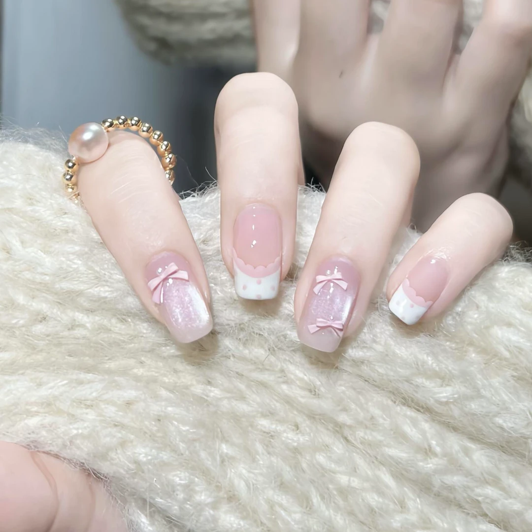 【夏日甜心】少女氛围感短款显白法式手工穿戴甲可爱蝴蝶结百搭美甲