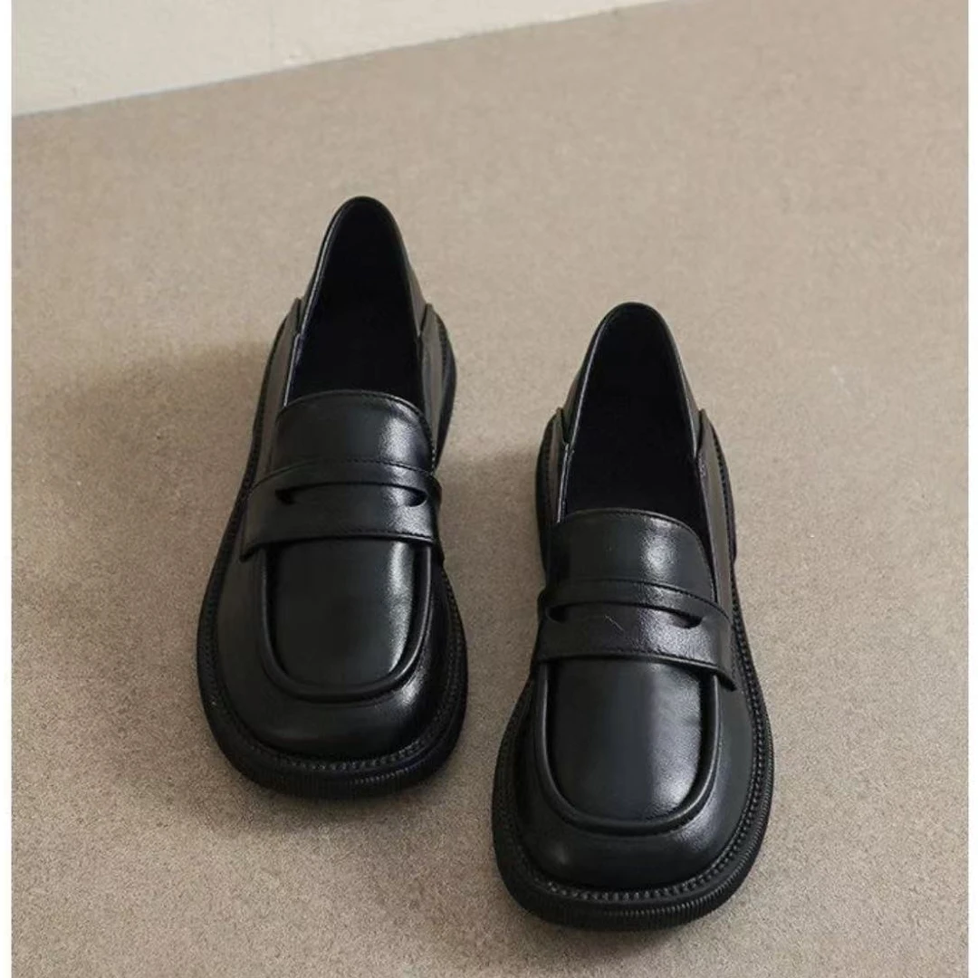 春夏新款韩版平底低跟方头简约百搭配裙子浅口厚底复古英伦乐福鞋