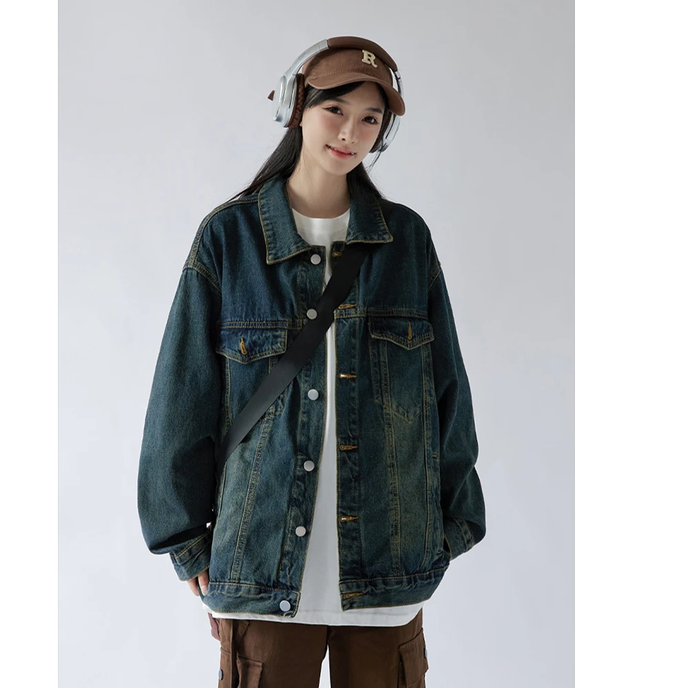 特大码美式复古水洗做旧牛仔外套女春秋宽松街头情侣工装夹克上衣