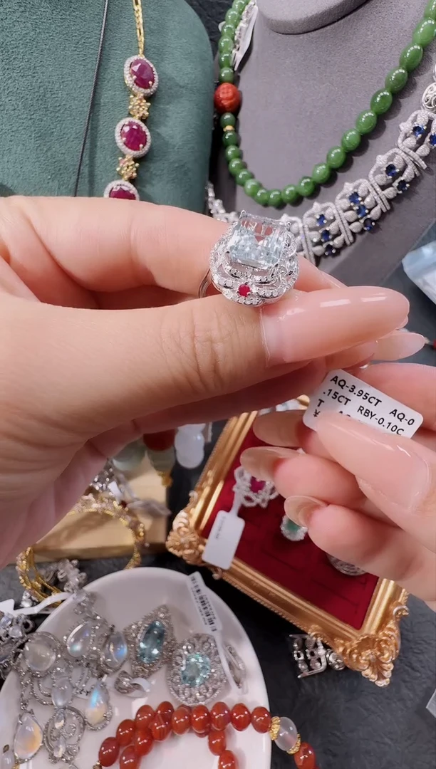 银S925镶嵌戒圈海蓝宝石戒指