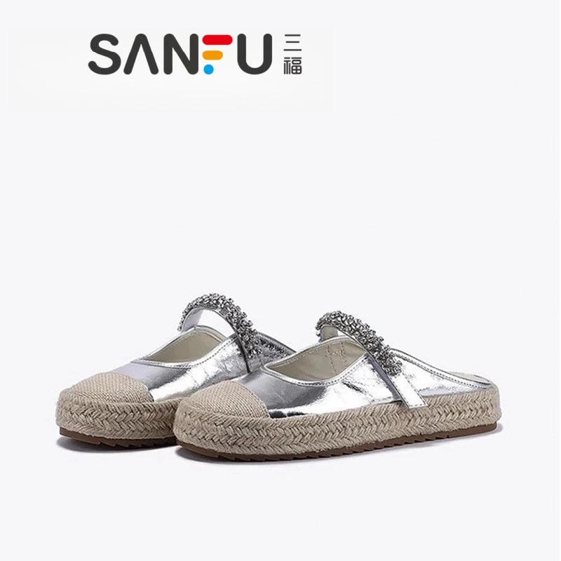 三福女鞋2025夏季新款水钻玛丽珍鞋厚底渔夫鞋清凉舒适包头半拖女